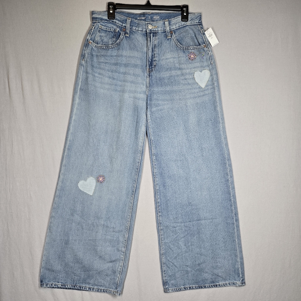 New Old Navy Girls Size 18 Plus Super Baggy Wide Leg Jeans Embroidered & Patch